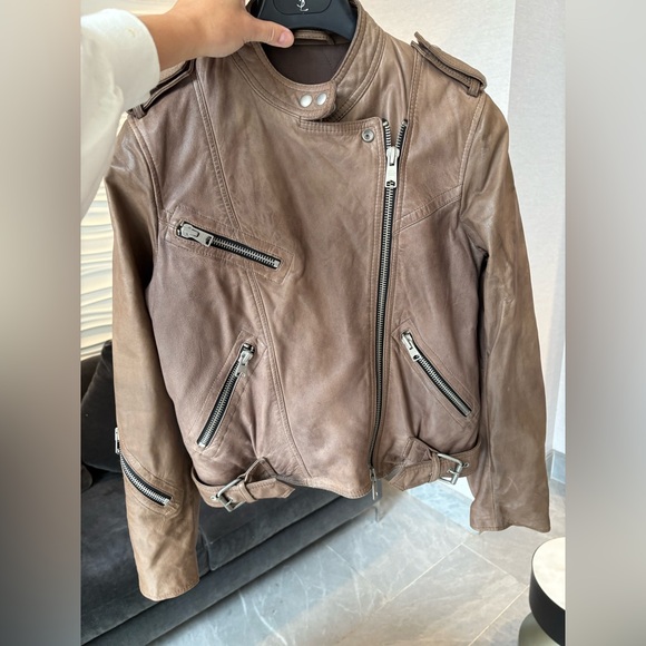 AllSaints Lamb Leather Biker Jacket Natural Pointed Collar Padded Inside US 10 - Picture 14 of 16